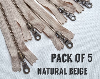 YKK Natural Beige (572) Antique Brass Doughnut Pull  Zippers *Pack of 5* All sizes from 10cm up to 36cm / from 4" to 14" inches *Closed End*