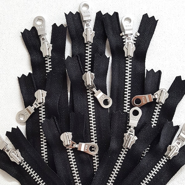 YKK BLACK  (580) SILVER Zipper 10,13,15,18,20,23,25,28,30,36,41,46cm  Doughnut Pull 4" 5" 6" 7" 8" 9" 10" 11" 12" 14" 16" 18"