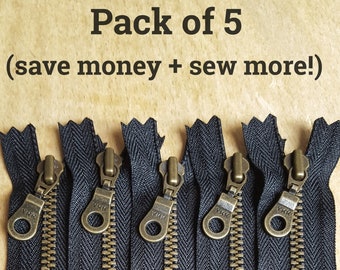 YKK BLACK (580) Antique Brass Doughnut Pull Zippers  *Pack of 5* All sizes from 10cm up to 61cm  / 4&quot; up to 24&quot;  *Closed End*