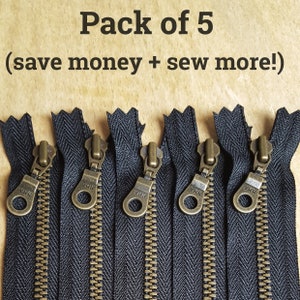 YKK BLACK (580) Antique Brass Doughnut Pull Zippers  *Pack of 5* All sizes from 10cm up to 36cm  / 4" up to 14"  *Closed End*