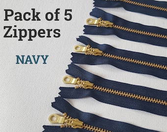 YKK NAVY (560) Gold Brass Zipper Doughnut Pull *Pack of 5* 10,13,15,18,20,23,25,28,30,36,41,46cm / 4,5,6,7,8,9,10,11,12,14,16 & 18 inch UK