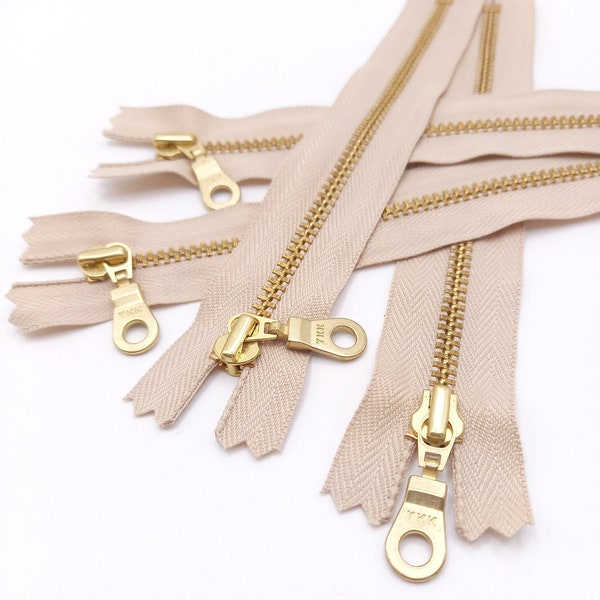 YKK Natural Beige (572) Brass Zipper for crafting Closed End Zip for Handmade Bags Gold Zip for DIY Sewing YKK Donut Pull Zipper, All Sizes