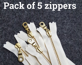 YKK VANILLA (121) GOLD Brass Doughnut Pull Zipper *Pack of 5* All lengths from 10cm up to 36 cm / 4&quot; up to 14&quot; inches *Closed End*