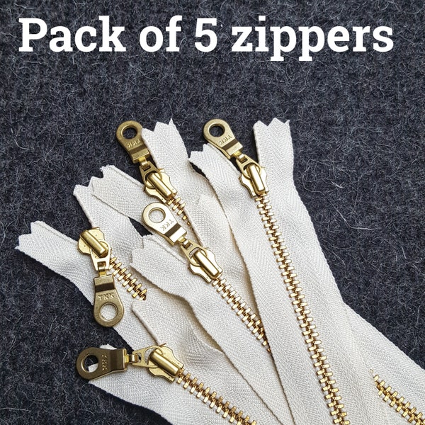 YKK VANILLA (121) GOLD Brass Doughnut Pull Zipper *Pack of 5* All lengths from 10cm up to 36 cm / 4" up to 14" inches *Closed End*