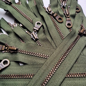 YKK Army Green (566) Antique Brass Zipper Doughnut Pull DIY Sewing Metal bag zip Recycled Tape All Sizes