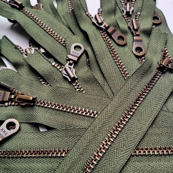 YKK Vert armée (566) Fermeture à glissière en laiton antique * Tirette en forme de beignet* 10,13,15,18,20,23 25,28,30,36,41,46 cm