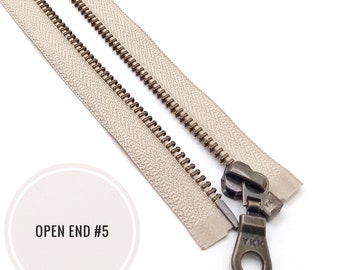 YKK Open End Antique Brass Zipper, Beige Doughnut Pull, Size #5