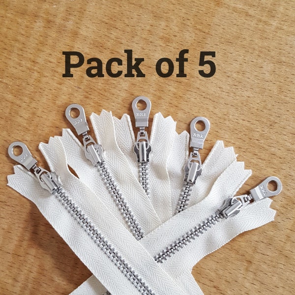 YKK VANILLA (121) SILVER Zipper 10,13,15,18,20,23,25,28,30,36,41cm,46cm  Doughnut Pull *** Pack of 5 *** 4" up to 18"