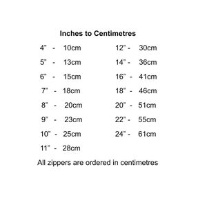 May include: A chart showing inches to centimetres conversions. The chart lists inches from 4 to 24, with their corresponding centimetre equivalents. The text "All zippers are ordered in centimetres" appears at the bottom of the chart.