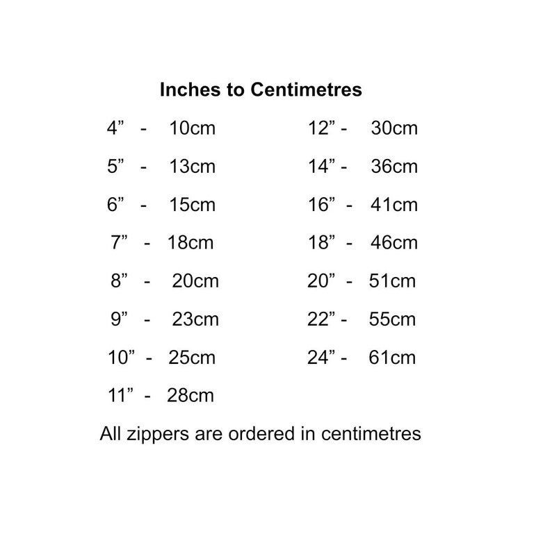 May include: A chart showing inches to centimetres conversions. The chart lists inches from 4 to 24, with their corresponding centimetre equivalents. The text "All zippers are ordered in centimetres" appears at the bottom of the chart.