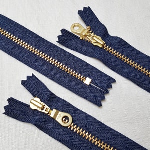 YKK NAVY (560) Gold Brass Zipper 10 13 18 20 23 25 28 30cm 36cm 41cm 46cm  *Doughnut Pull*  4" 5" 6" 7" 8" 9" 10" 11" 12" 14" 16" 18" UK