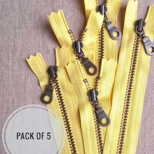 YKK Antique Brass Yellow #3 Zippers with Recycled Tape Closed-End Donut Pull Eco-Friendly Zips for Bags Jackets & Sewing Projects- Pack of 5