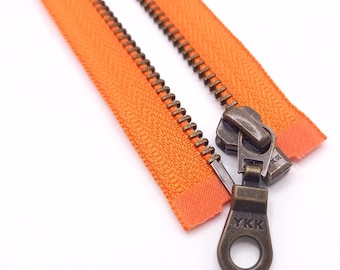 YKK Antique Brass Zipper, Doughnut Pull, Orange, 10" 14" #5