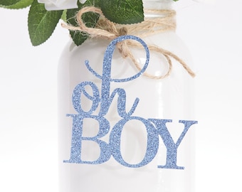 Oh Boy Glitter Mason Jar Tags: Baby Shower Centerpiece Decorations (3.5" x 3.5")