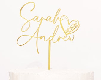 Custom Wedding Cake Topper Personalized with Bride and Groom Names, Heart, Couples Wedding Date | Acrylic Marriage / Anniversary Cake Topper