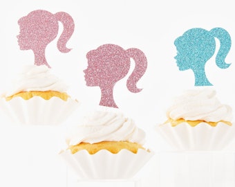 Ponytail Doll Silhouette Custom Cupcake Toppers / Choice of Glitter Color