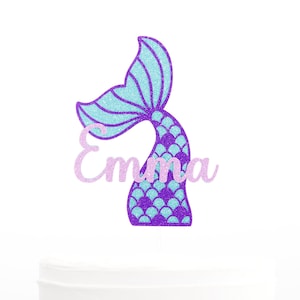 Mermaid Tail Custom Name Cake Topper with Purple, Aqua and Lilac 3 Layers
