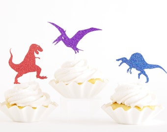Custom Dinosaur Cupcake Toppers Tyrannosaurus T-Rex, Pterodactyl, Spinosaurus for Dino Birthday Party Decorations