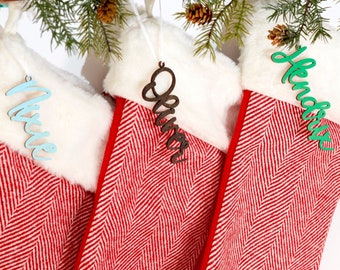 Custom Wood Christmas Stocking Name Tags Personalized in a Modern Farmhouse Script Font