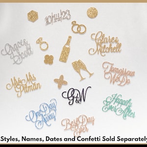 May include: Assortment of glitter confetti for a wedding celebration. The confetti features various designs including rings, champagne glasses, a bottle of champagne, a cross, the words "One Day Away", "Best Day Ever", "Happily Ever After", "Tomorrow We Do", "Mr & Mrs Pitman", "Clares Mitchell", "Grace & Scott", "G & W", and the date "10/14/23".