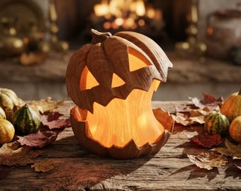 Lámpara decorativa de calabaza Jack O' Lantern, luz cálida para interiores, ideal para Halloween.
