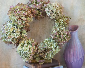 Organic Dried Blue Green Hydrangea grapevine wreath 18"
