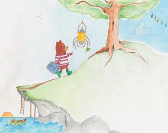 Cliff top. Oak tree. Original illustration and book ‘Sid and Biscuit Bear’ book illustration. Children’s reading.