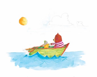 Out to sea. Unlikely friends.  Original illustration and book. Sid and Biscuit Bear. Children’s books. Reading.