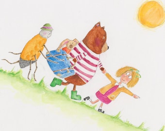 Friends together. Original illustration and book. Sid and Biscuit Bear. Going home. Watercolour painting. Children’s book art. Reading.
