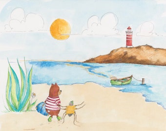 Sail away. Green boat. Original illustration and book. Sid and Biscuit Bear. Lighthouse. Friends together. Adventure. Sea. Children’s books.