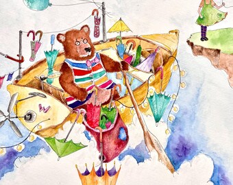 Sky boat. Umbrella bear. Original illustration and book bundle.