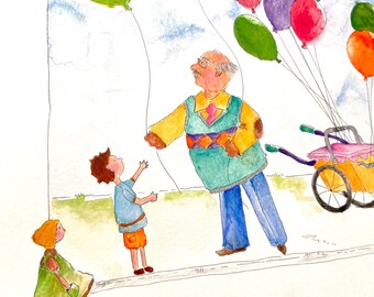 Balloon seller. Children’s book. Book art. Original illustration and book bundle.