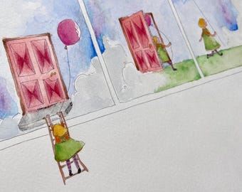 Red door. Clouds. Original illustration and book bundle.