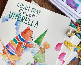 About That Green Umbrella. SIGNED. Children’s picture book. Bedtime reading. Magical book. Balloons and umbrellas. Personalised.