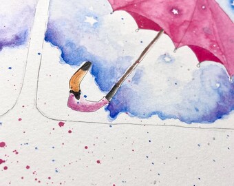 Pink umbrella. Reading for kids. Original illustration and book bundle.