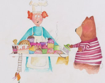 The baker. Print. Cakes. Pastries. Tray of goodies. Yummy cakes.