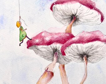 Jump. Mushroom sky. Original illustration and book bundle.