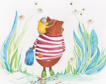 Walking away. Old world. Original illustration and book ‘Sid and Biscuit Bear’ painting. Friends. Children’s books.