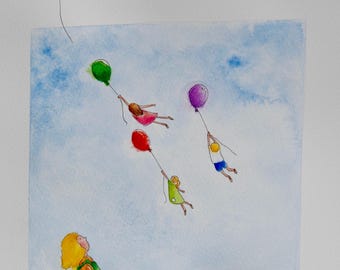 Fly away. Up and up. Balloons. Original illustration and book bundle.