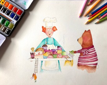 Baker man. Pastries. Original illustration and book. Sid and Biscuit Bear. Signed. Watercolour and Fabre castel. Cakes. Personalised.
