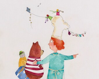 Fly a kite. Baking. Original illustration and book. Watercolour painting. Book illustration. Baker man.