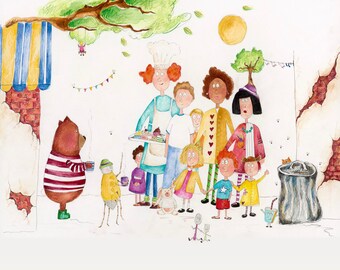 Tea and storytellers. A listening crowd. Print. Eating together. All good friends.