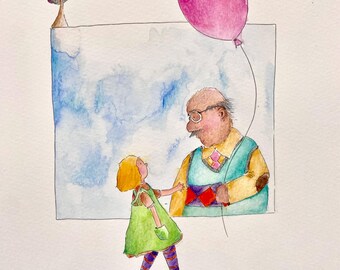 Meeting the balloon man. Original illustration and book bundle.