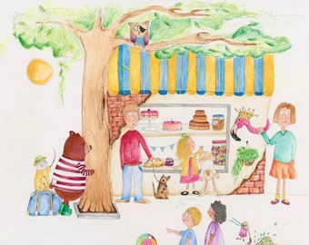 Arrival. Colourful village. Flamingo king. Print. Unlikely friends. Strange animals.