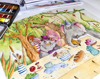 Dinner party. Print. Animals eating. Hog, wolf and elephant. Private party. Exclusive. Cake and peas.