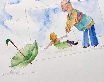 Falling down. Getting up. Green umbrella. Original illustration and book bundle.