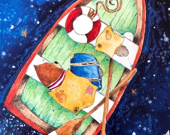 Bear and spider in a row boat. Print. Unlikely friends. Children’s book illustration. Prints. Sid and Biscuit Bear.