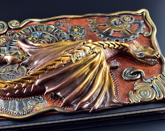 Libreta de dragón en estilo steampunk de fantasía, diario de arcilla polimérica con reloj y engranajes steampunk, regalo para amantes de la fantasía