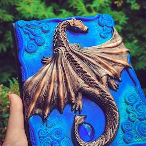 Dragon notebook in magical fantasy style, with 3D metallic winged dragon sculpture, special gift for fantasy lovers