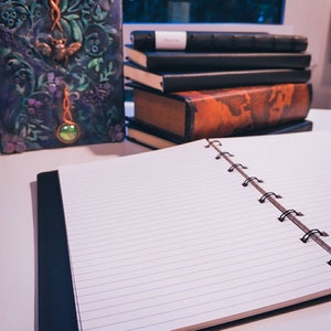 Puede incluir: Un cuaderno abierto de espiral con p&aacute;ginas rayadas y una cubierta negra. El cuaderno est&aacute; sobre una superficie blanca con una pila de libros y una caja decorativa con gemas verdes y dise&ntilde;os florales.
